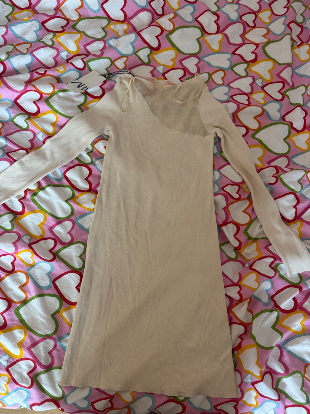 Zara Beige Long Sleeve Knit Dress with mesh detail